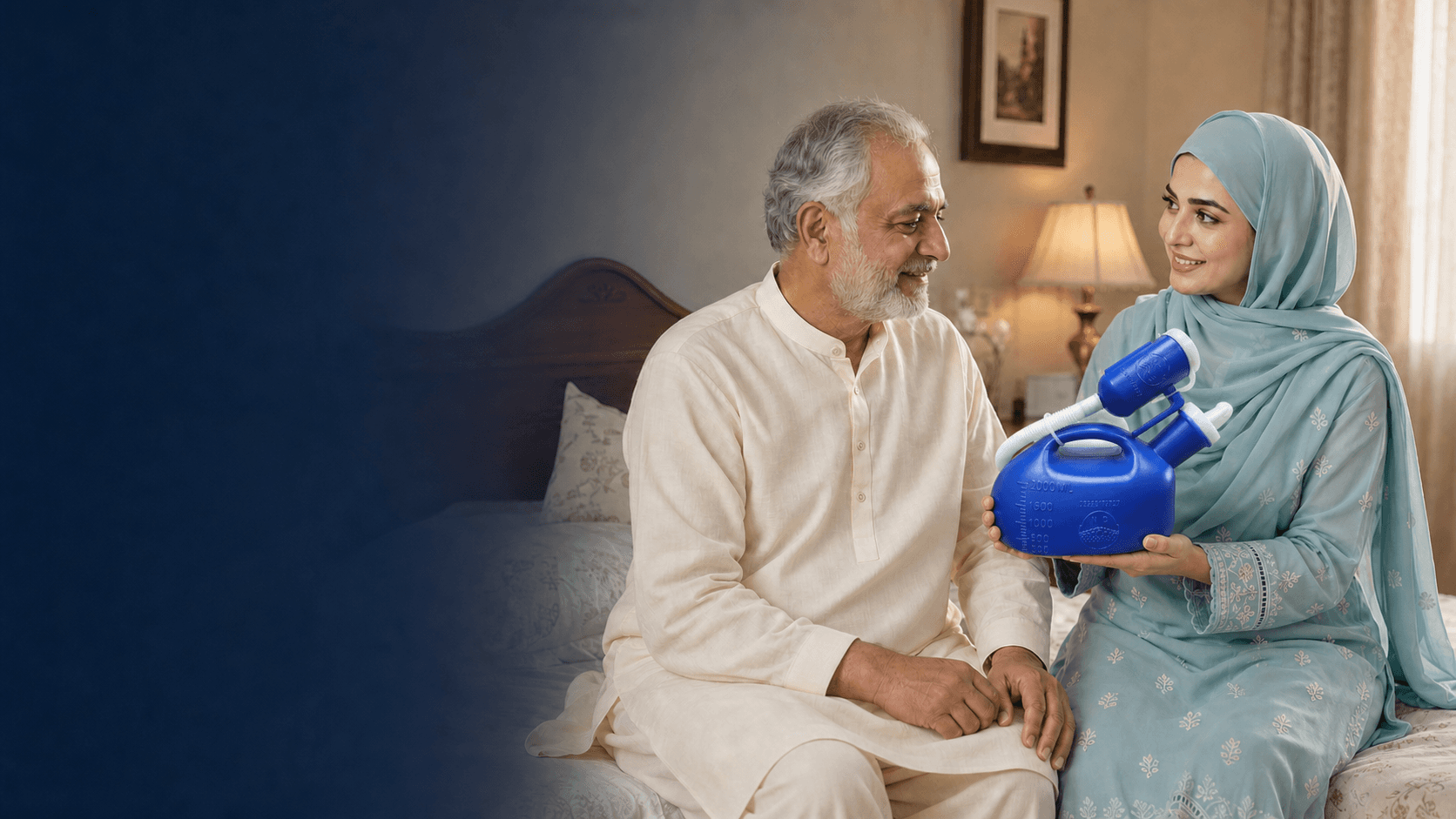 A real ND Facility bedside urine bottle setup in a home bedroom