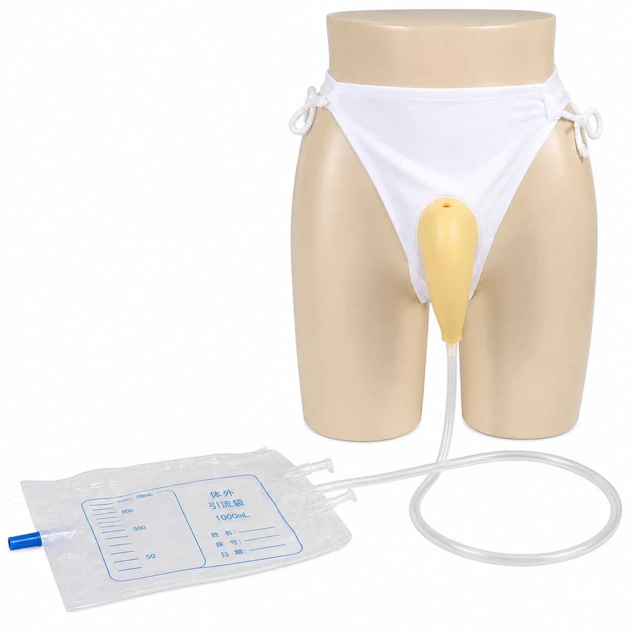 Wearable male urine collection bag with connecting tube and body holder strap