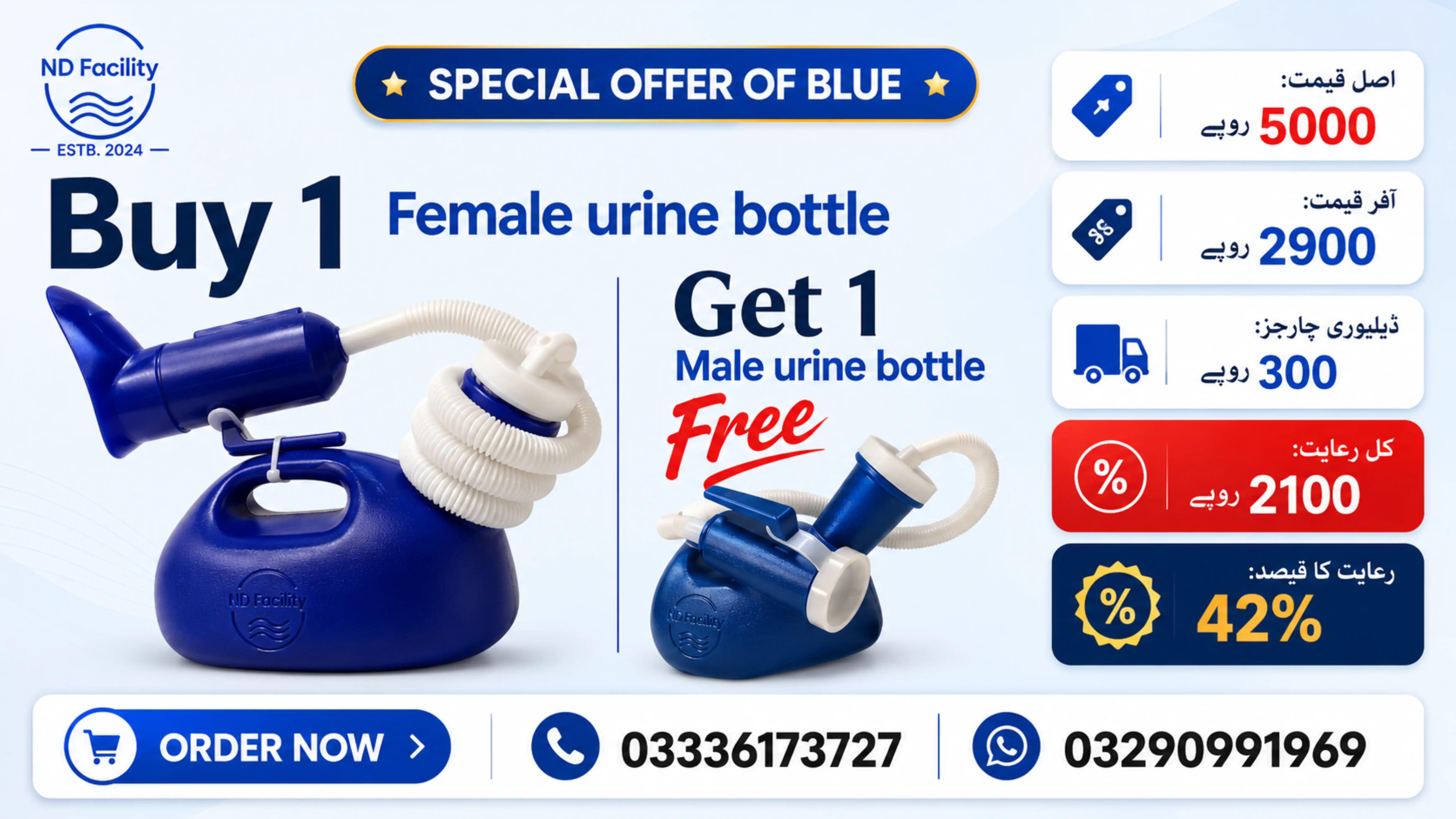 Buy one get one free offer on the blue 2000 ml female urine bottle