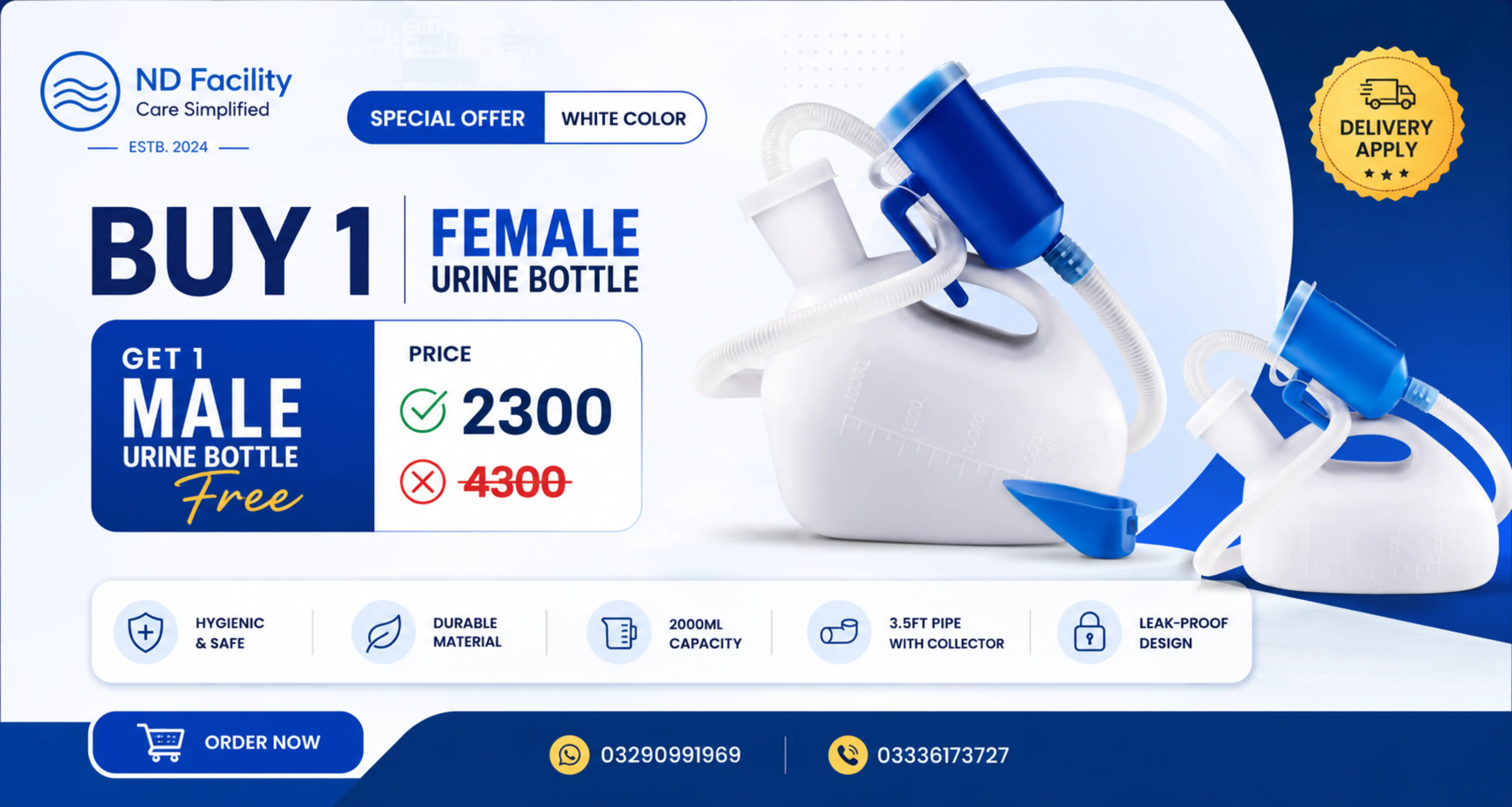 Buy one get one free offer on the white 2000 ml female urine bottle
