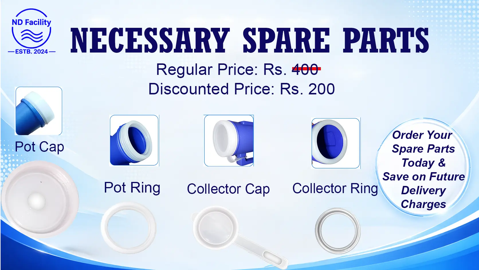 Necessary spare parts — pot cap, pot ring, collector cap and collector ring
