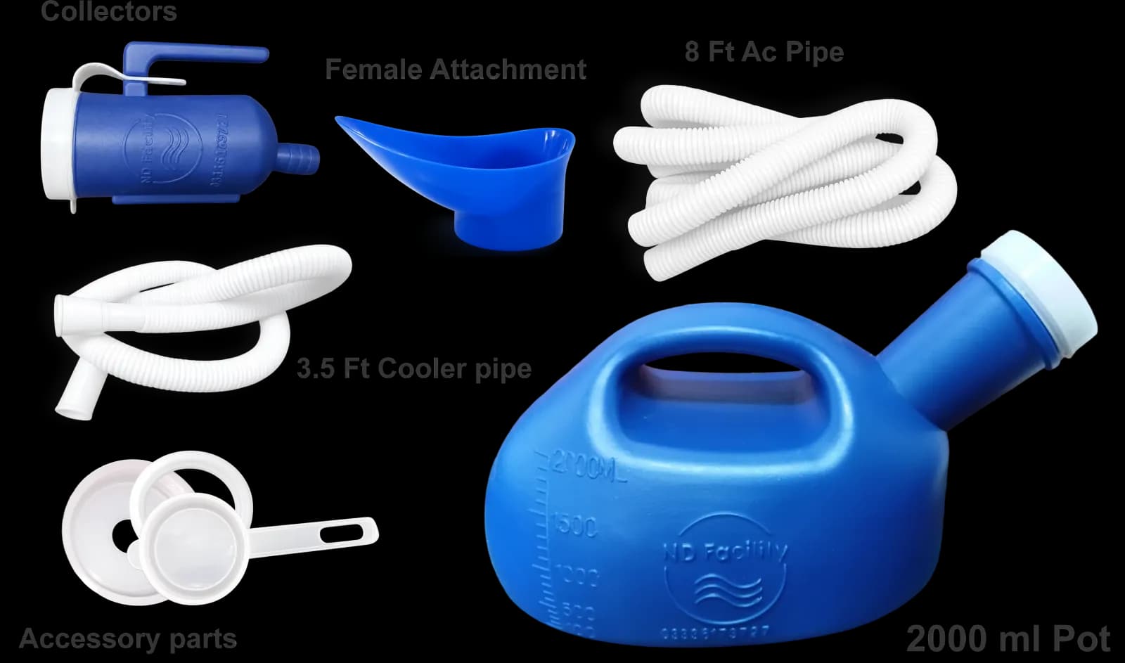 Blue 2000ml standard female urine bottle with extended pipes